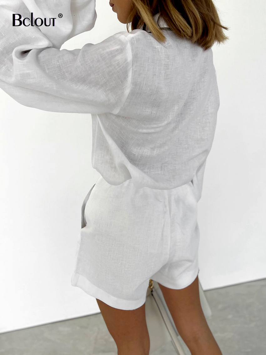 Women s Tracksuits Bclout Summer Patchwork Linen Shorts Set s 2 Pieces Fashion Lantern Sleeve Loose Blouses Vacation Thin Cotton Suits 230411