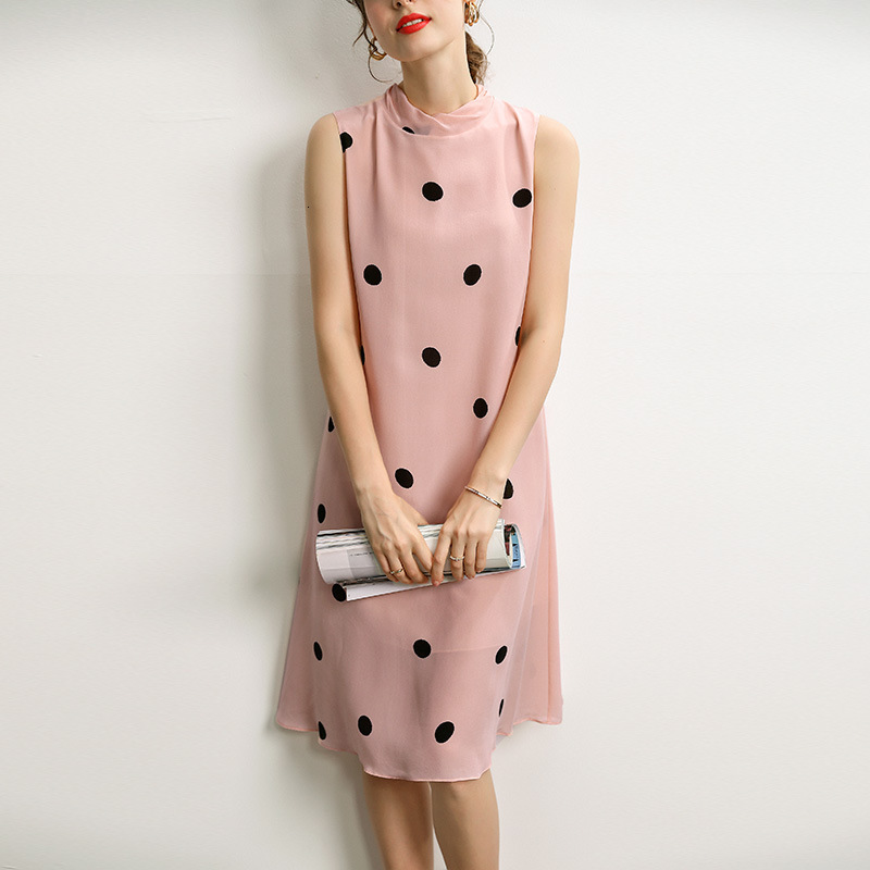 Casual Dresses silk dresses summer high-end elegant lace sleeveless loose polka Dot a-line dress sacrf collar women cloth 230412