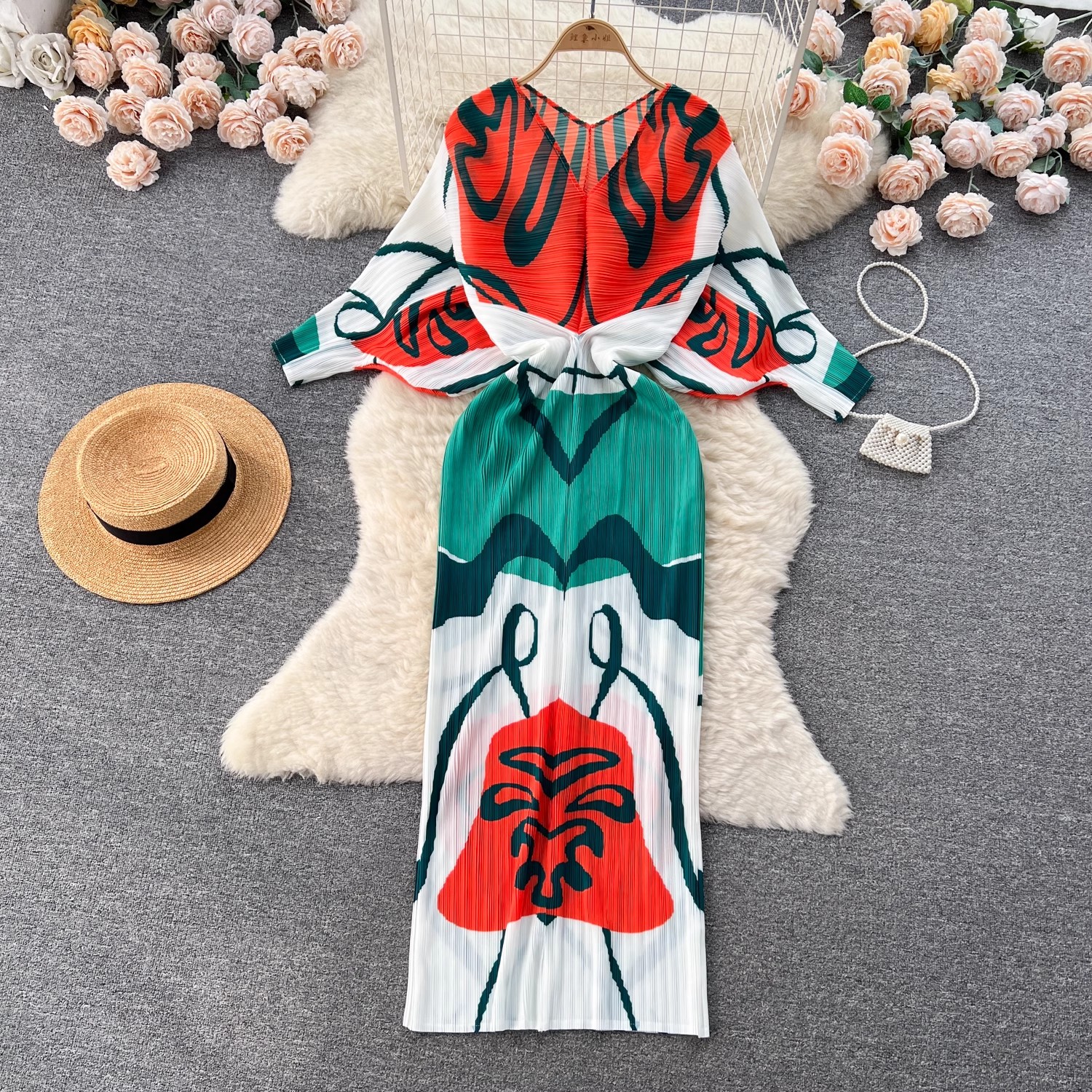 Women Casual Dresses Elegant New Autumn Miyake Pleated Long Dress Runway Women V Neck Batwing Sleeve Red Flower Printed Stretch Bodycon Slim Clothes 2