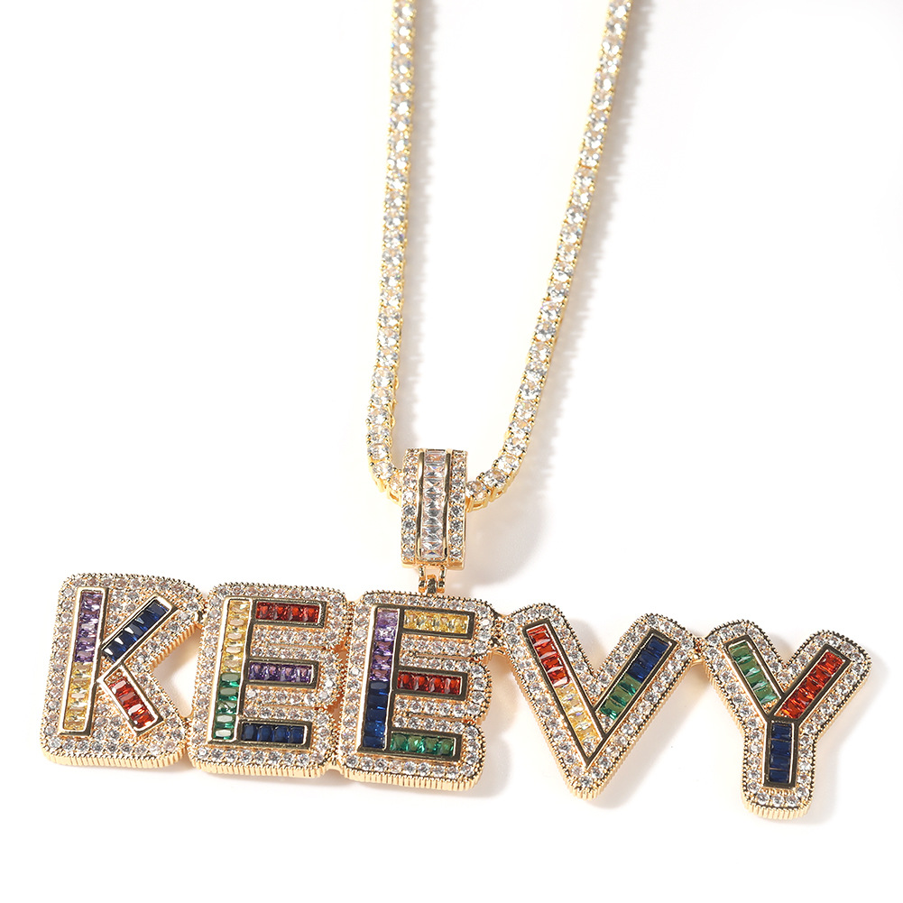 Colorful Initial Letter Custom Name Pendant Necklace Personalized Bling Prong Baguette Cubic Zirconia CZ 18K Real Gold Hip Hop DIY Anniversary Jewelry