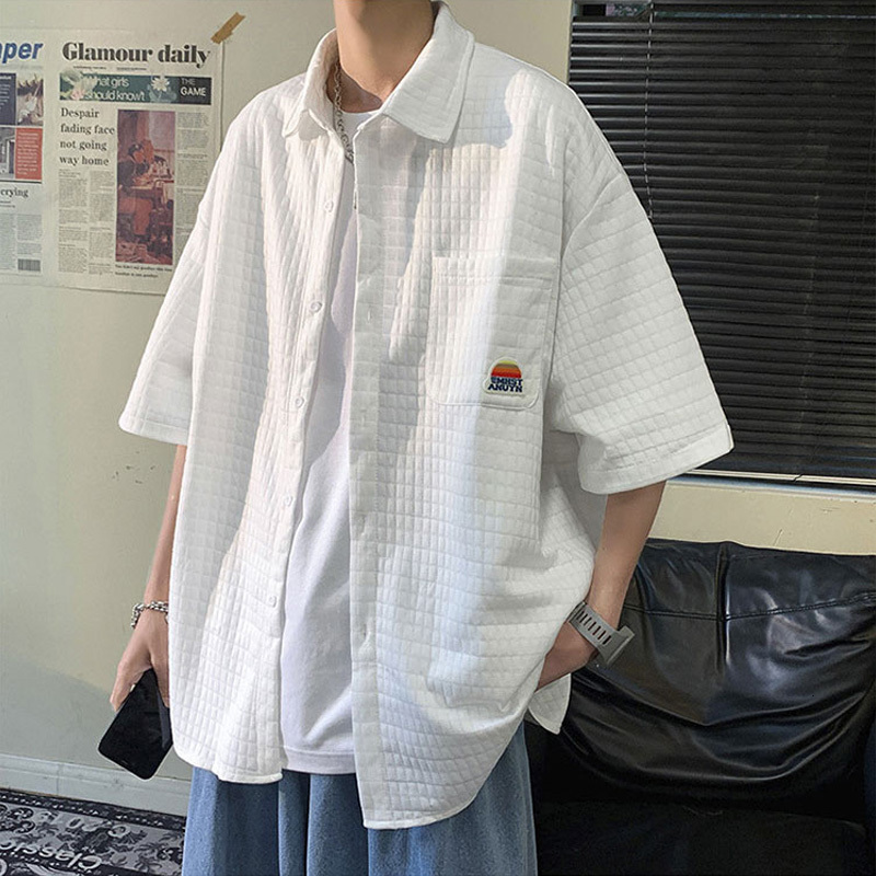 Men's Casual Shirts Summer Short Sleeve Men's Korean Fashion Top Casual Retro Open Front Men's Clothing Large Pocket Embroidered White 
