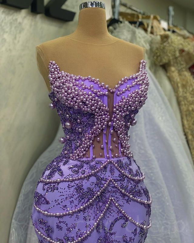 2023 Aso Ebi Lavender Mermaid Prom Dress Pearls Sequined Lace Evening Formal Party Second Reception Birthday Engagement Gowns Dresses Robe De Soiree Z