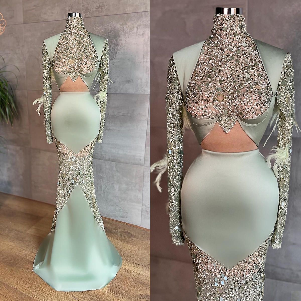 Glamorous Mermaid Prom Dresses High Neck Long Sleeves Hollow Shining Applicants Beads Sequins Satin Zipper Floor Length Custom Made Party Dress Vestid