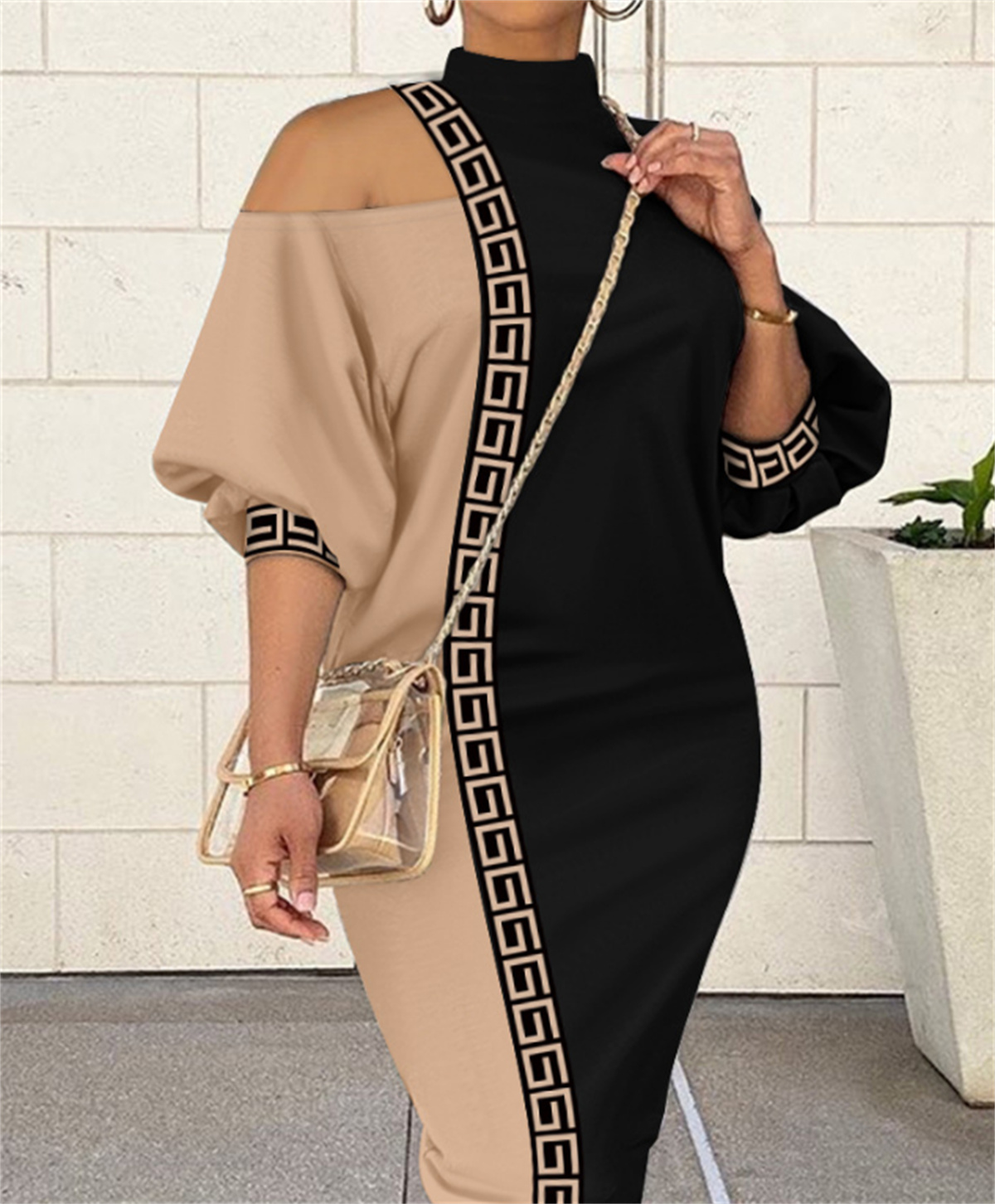 Designer Women Dresses Long Sleeve High Collar Fall Winter Printed Irregular Dress Elegant Folds Slim Female FrenchLong Sleeve Party Long-skirt Blouse