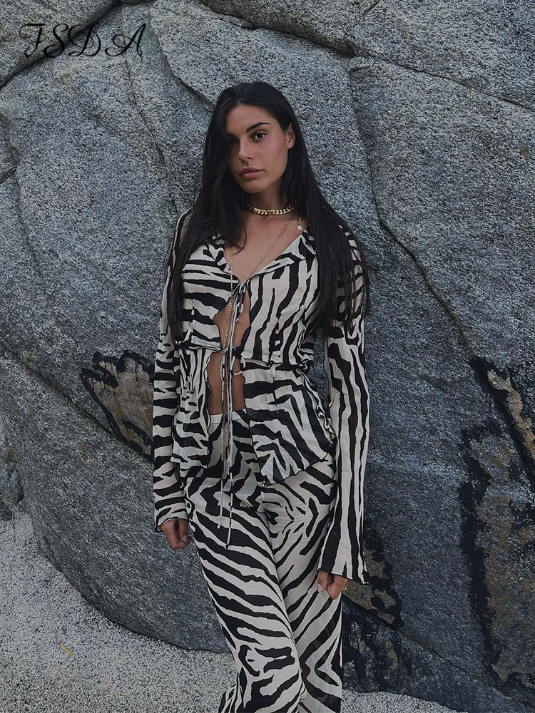 Women s Tracksuits FSDA Tracksuit Women Print Y2K Long Sleeve Top Shirts Bandage And Pants Sexy Two Piece Set Casual Outfits Party Clubwear 230411