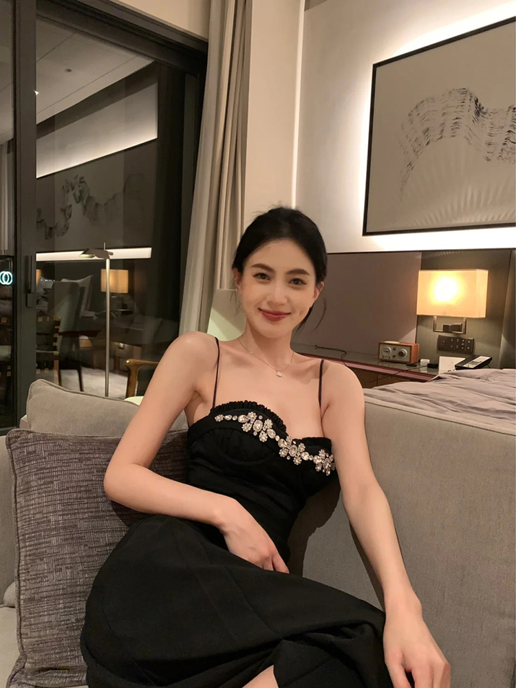 Womens party dresses spaghetti strap padded sexy rhinestone patched high waist slim a-line maxi long vestidos XSSMLXL