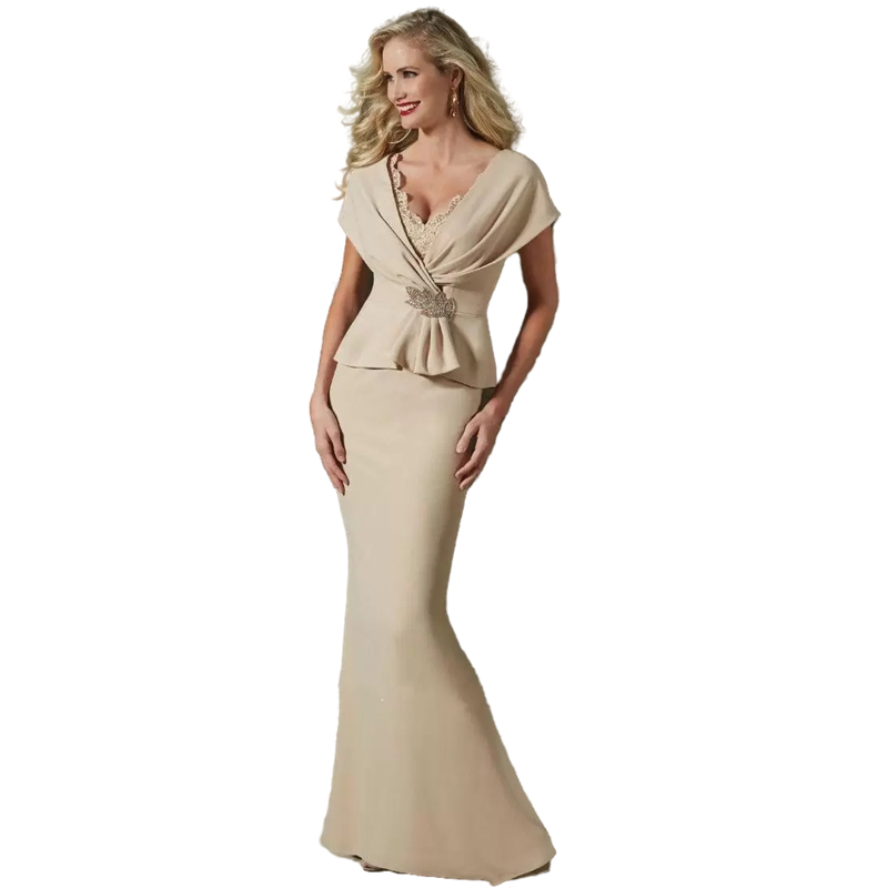 Elegant Long Mermaid Mother Of The Bride Dresses Champagne V-Neck Short Sleeves Satin Wedding Party Gowns For Women Groom Mom Formal Evening Ocn Dress