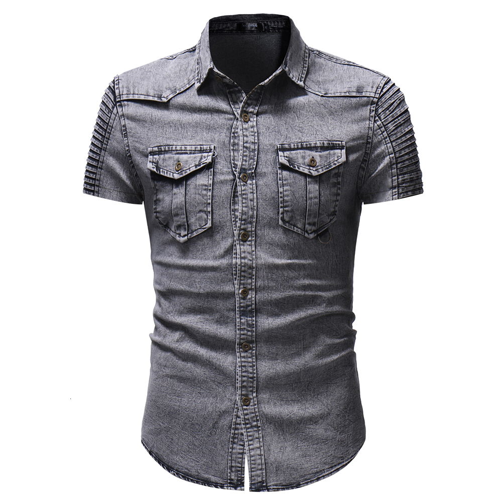 Men's Casual Shirts Summer Men's Slim Fit Short Sleeve Denim Shirt Men's Casual Button Hip Hop Extreme Jeans Men's Blue Shirt 2304