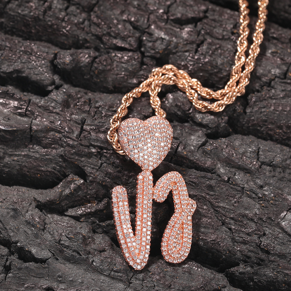 New Heart Cursive Initial Letter Custom Name Pendant Necklace ins Personalized Iced Out Cubic Zirconia CZ 18K Real Gold Hip Hop DIY Anniversary Jewelr