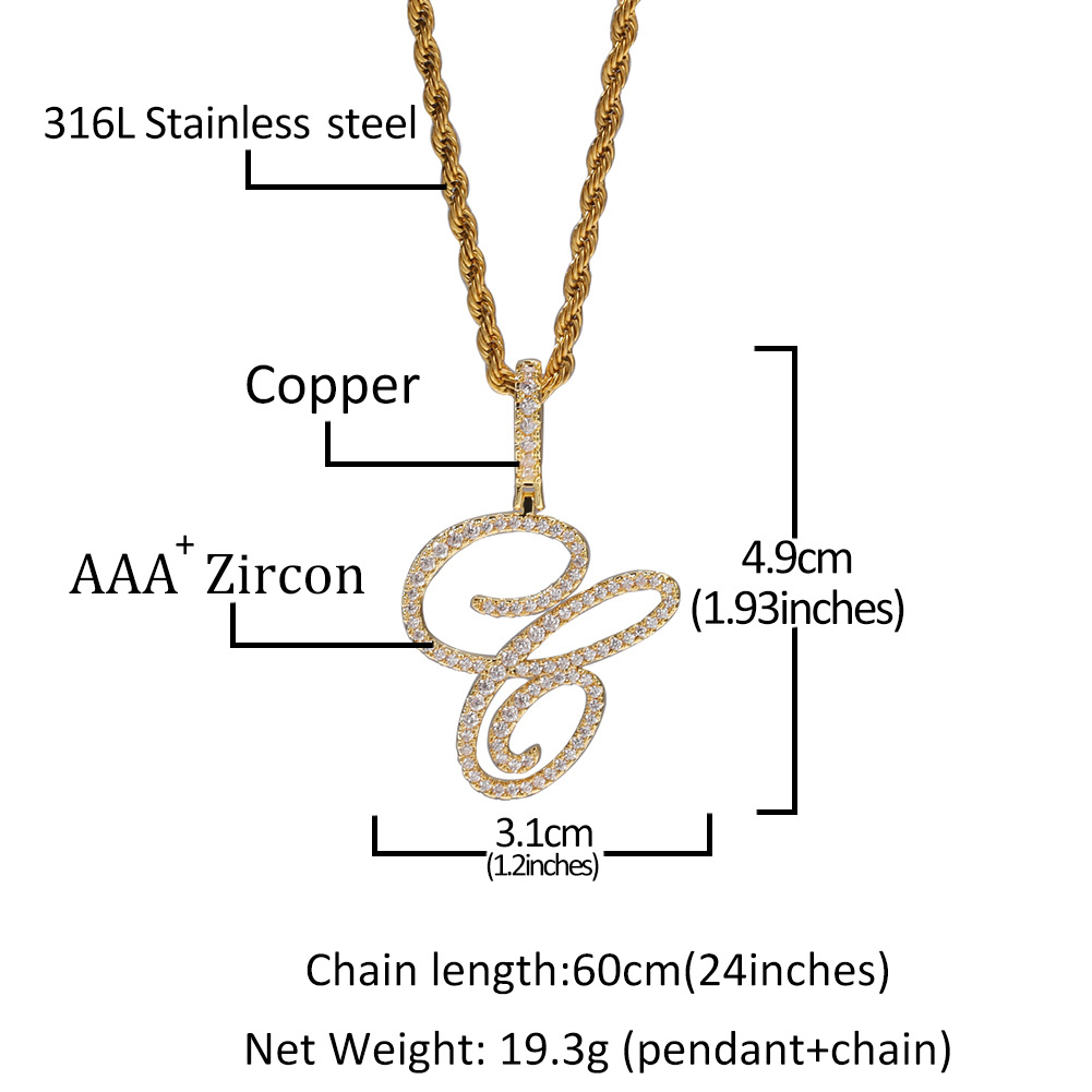 New Initial Letter Custom Name Pendant Necklace Cool Flowery Cursive Personalized Bling Cubic Zirconia CZ 18K Real Gold Hip Hop DIY Anniversary Jewelr