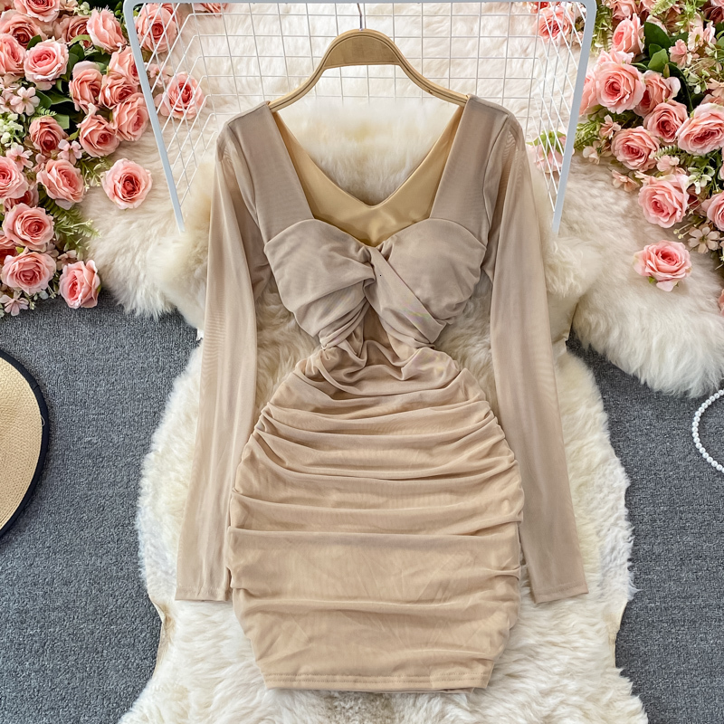 Casual Dresses Autumn Sexy Draped Bodycon Mini Dress Women Blue/White/Khaki Twist Mesh Long Sleeve Club Party Vestidos Ladies Fashion 230412