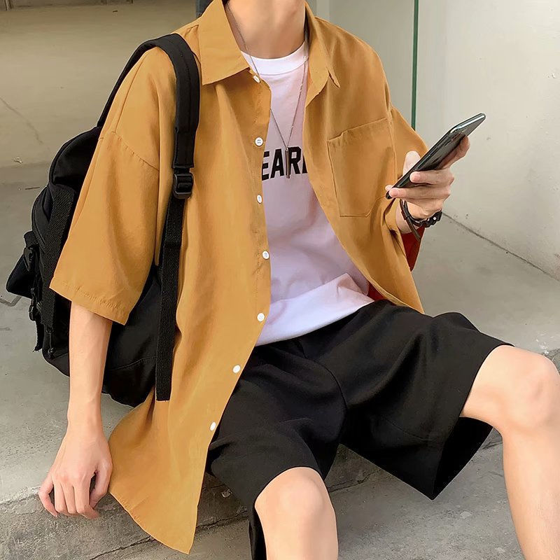 Men's Casual Shirts Solid summer short sleeved Korean version trend loose quarter sleeve Hong Kong style casual version pocket 230412