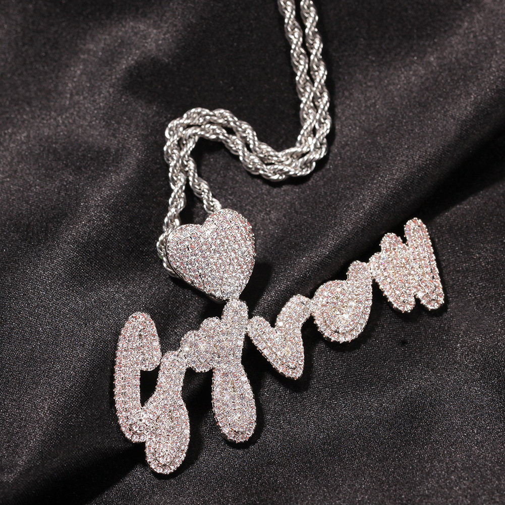New Heart Cursive Initial Letter Custom Name Pendant Necklace ins Personalized Iced Out Cubic Zirconia CZ 18K Real Gold Hip Hop DIY Anniversary Jewelr