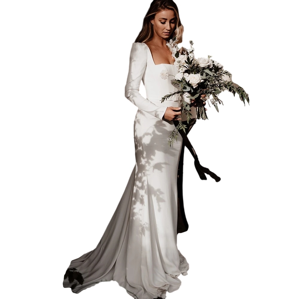 Long Sleeves Hourglass crepe Minimalist a-line Wedding Dresses Drop Ship Square Neck Hollow Out Back Buttons Fitted Bridal Gowns