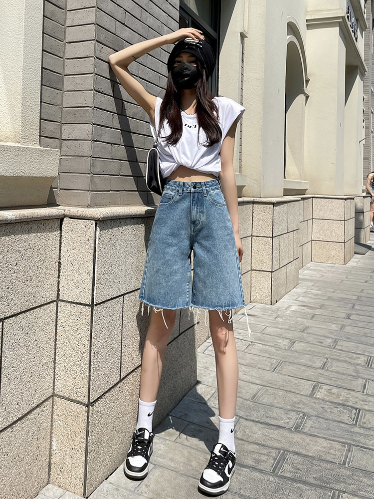 Women's Shorts DFRCAEG Summer Jeans Shorts Women's Street Clothing High Waist Burr Wide Leg Half Length Bermuda Denim Shorts Women's Se