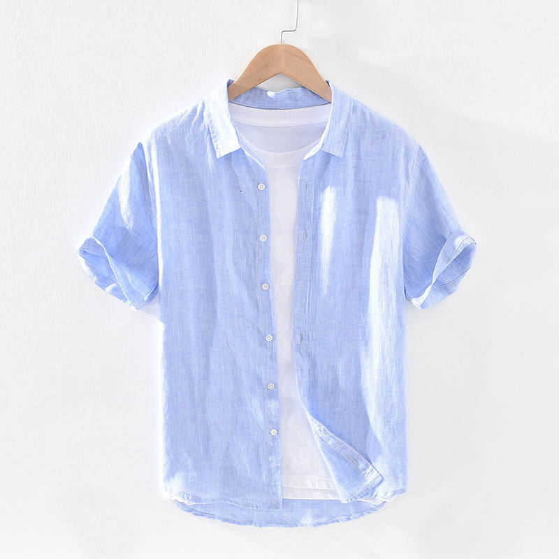 Men's Casual Shirts Pure linen short sleeve men's summer Japanese fashion top men's solid gray retro fit Fried Dough Twists shirt 23041