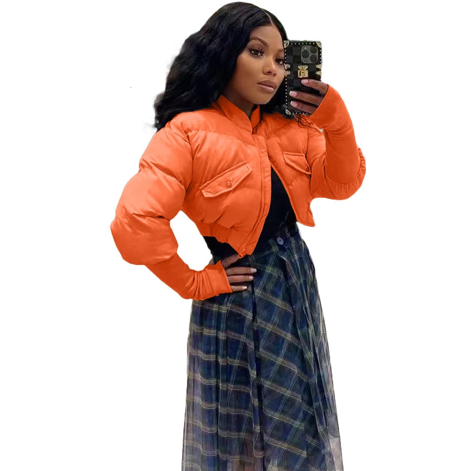 Womens Down Parkas Orange Crop Puffer Jacket Women Gray Zipper V Neck Long Sleeve Ladies Warm Short Coats Outwear Coat Thin Light 231110