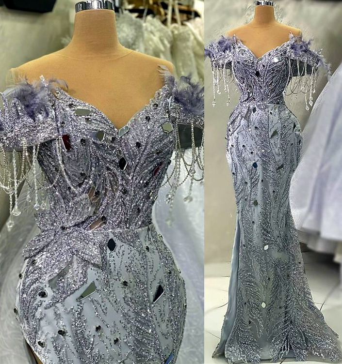 April Aso 2023 Ebi Mermaid Sier Prom Dress Beaded Crystals Evening Formal Party Second Reception Birthday Engagement Gowns Dresses Robe De Soiree ZJ52