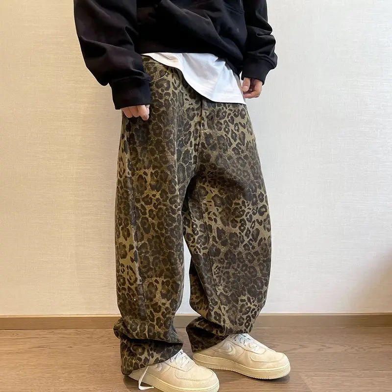 Mens Jeans American Baggy Pants Men Y2k Clothes Retro High Street Sports Leopard Print Casual Plus Size Autumn Style 231110