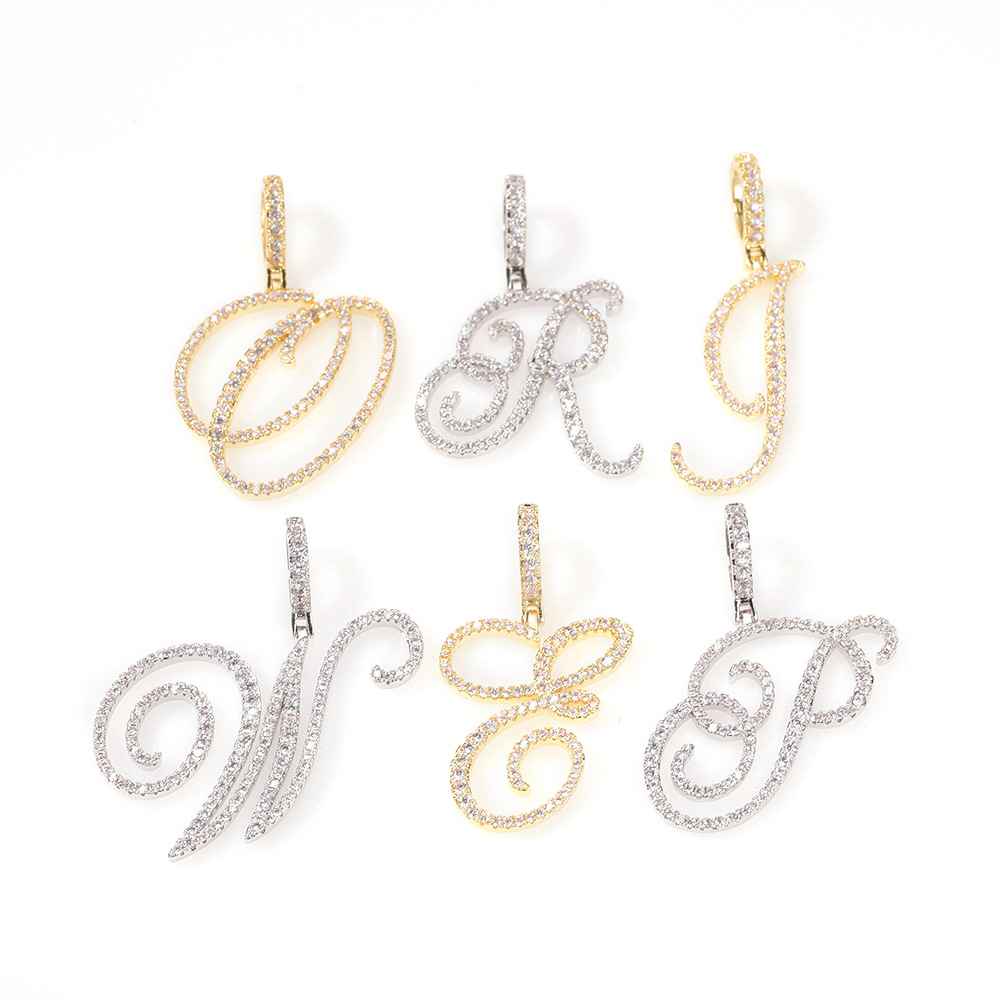 New Initial Letter Custom Name Pendant Necklace Cool Flowery Cursive Personalized Bling Cubic Zirconia CZ 18K Real Gold Hip Hop DIY Anniversary Jewelr