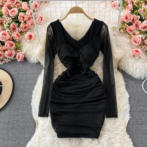 Casual Dresses Autumn Sexy Draped Bodycon Mini Dress Women Blue/White/Khaki Twist Mesh Long Sleeve Club Party Vestidos Ladies Fashion 230412