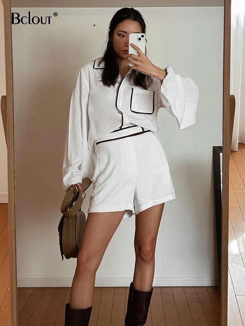 Women s Tracksuits Bclout Summer Patchwork Linen Shorts Set s 2 Pieces Fashion Lantern Sleeve Loose Blouses Vacation Thin Cotton Suits 230411