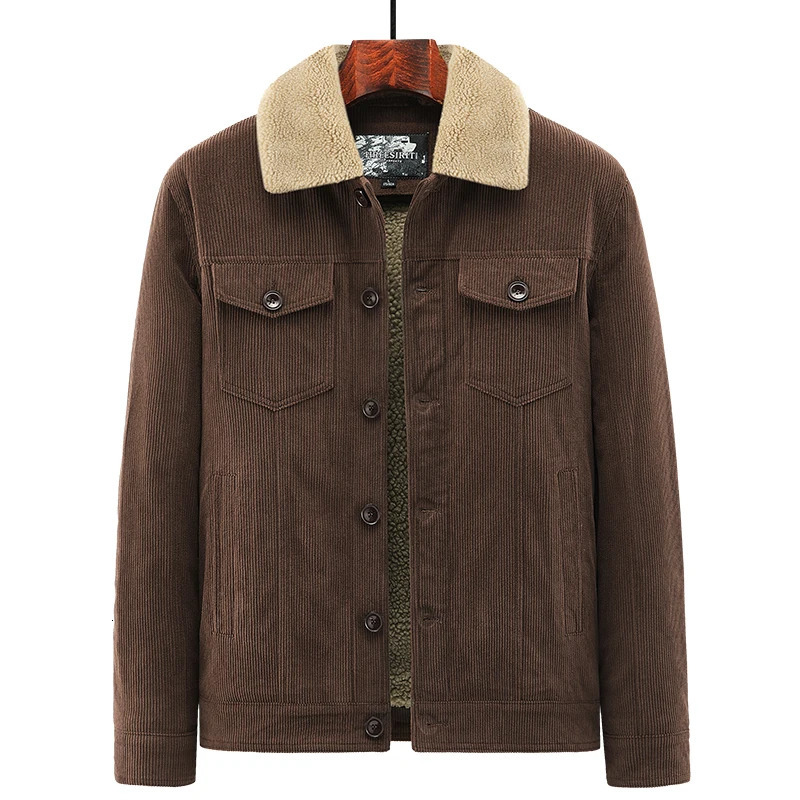 Men's Down Parkas Autumn Winter Men Warm Fleece Thick Windbreaker Jacket Men Fashion Fur Collar Corduroy Military Cargo Jacket Coat Male Outwear 