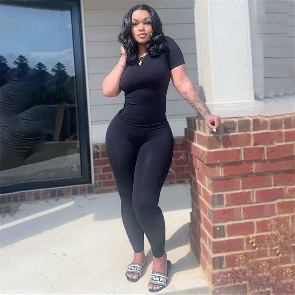 2023 Designer Summer Ribbed Tracksuits Women Two Piece Sets Short Sleeve T-shirt and Pants Matching Sets Solid Outfits Casual Jogger Suits Wholesale C