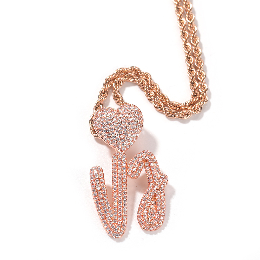 New Heart Cursive Initial Letter Custom Name Pendant Necklace ins Personalized Iced Out Cubic Zirconia CZ 18K Real Gold Hip Hop DIY Anniversary Jewelr