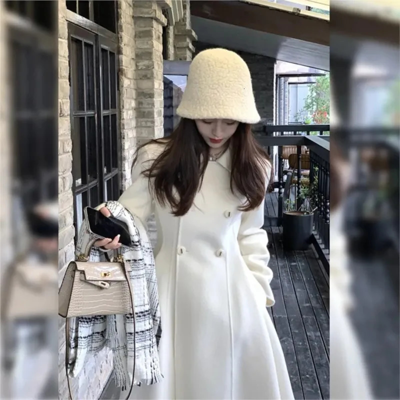 Women's Wool Blends Winter Women Elegant White Slim Woolen Coats Female Double Breasted A-line Korean Thick Warm Long Coats Office Lady Coats 231