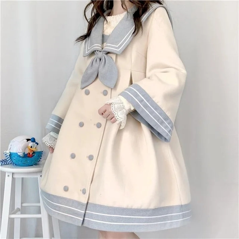 Women's Wool Blends Japanese Girl Sweet Style Patchwork Woolen Coat Cute Woolen Jacket Winter Female Cashmere 231110