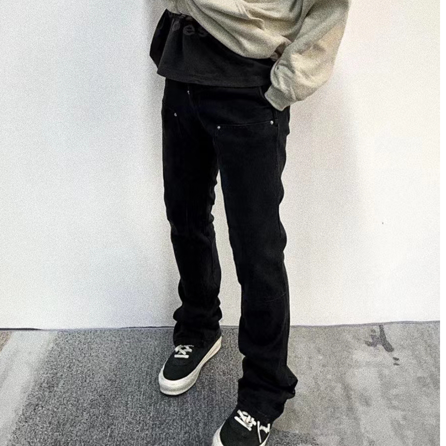 Men's Jeans High Street Ruined Worn Wash Vintage Wide Boots Jeans Suitable for Men and Women Straight Tear Casual Excessive Denim Trojan Horse 23