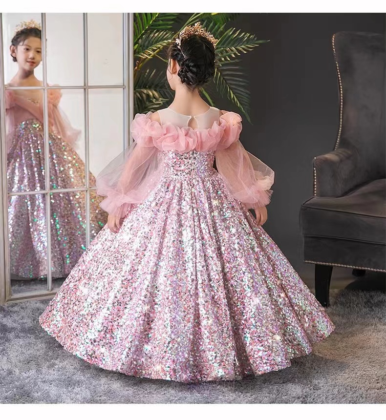 Pink Vintage Flower Girls Dresses Baby Infant Toddler Baptism Clothes Sequined Ball Party Dress Princess Puff Sleeve Shiny Bling Birthday Gowns 403