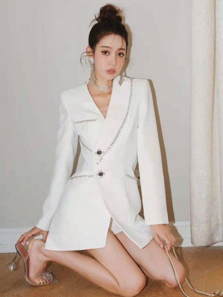 Women s Suits Blazers White Diamond Beading Medium Long Elegant Slim Single Breasted Suit Jackets Streetwear Ladies Full Sleeve Outwear S L 230411