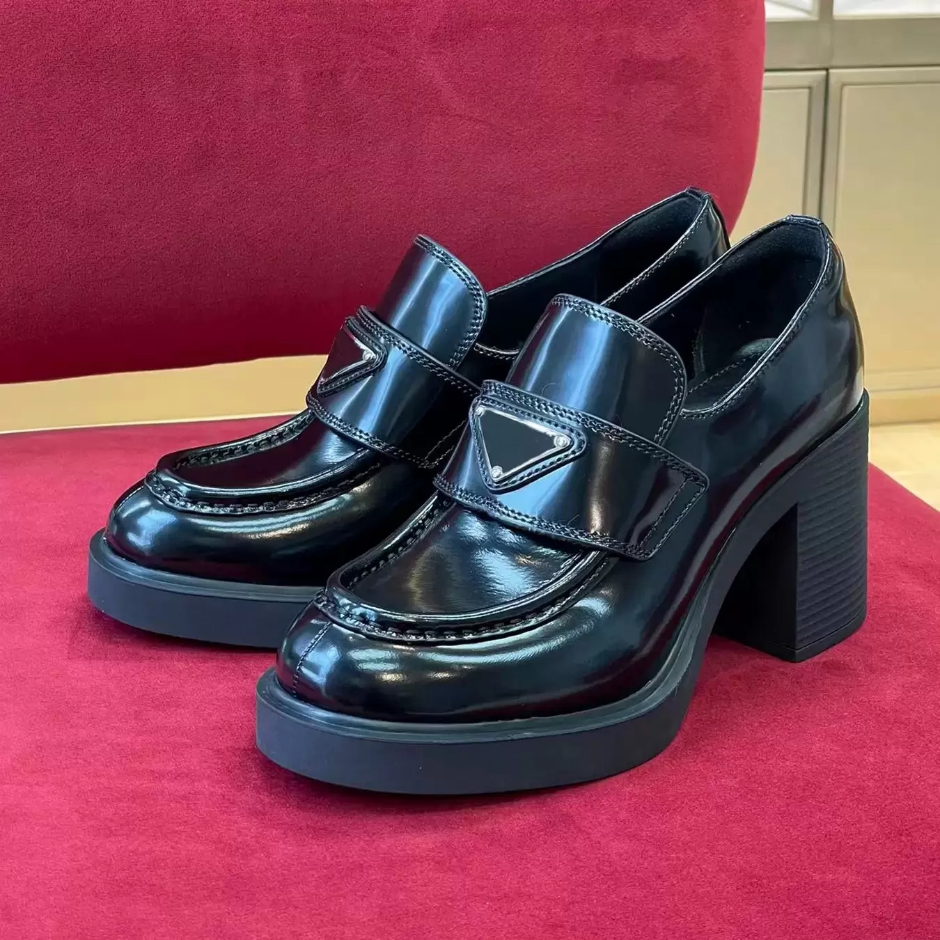 High quality pattern Fashion Dress Shoes women wedding party quality leather 80MM high heel flat Shoe business formal loafer social chunky With Original Box