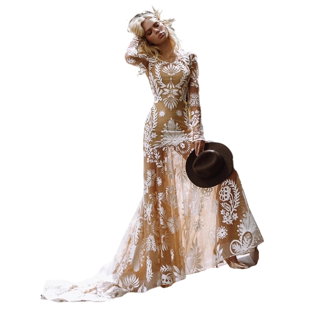 Champagne Tan Slip Gypsy Boho Wedding Dresses with Long Sleeve Embroidery Floral Lace Mermaid Country Bridal Gowns