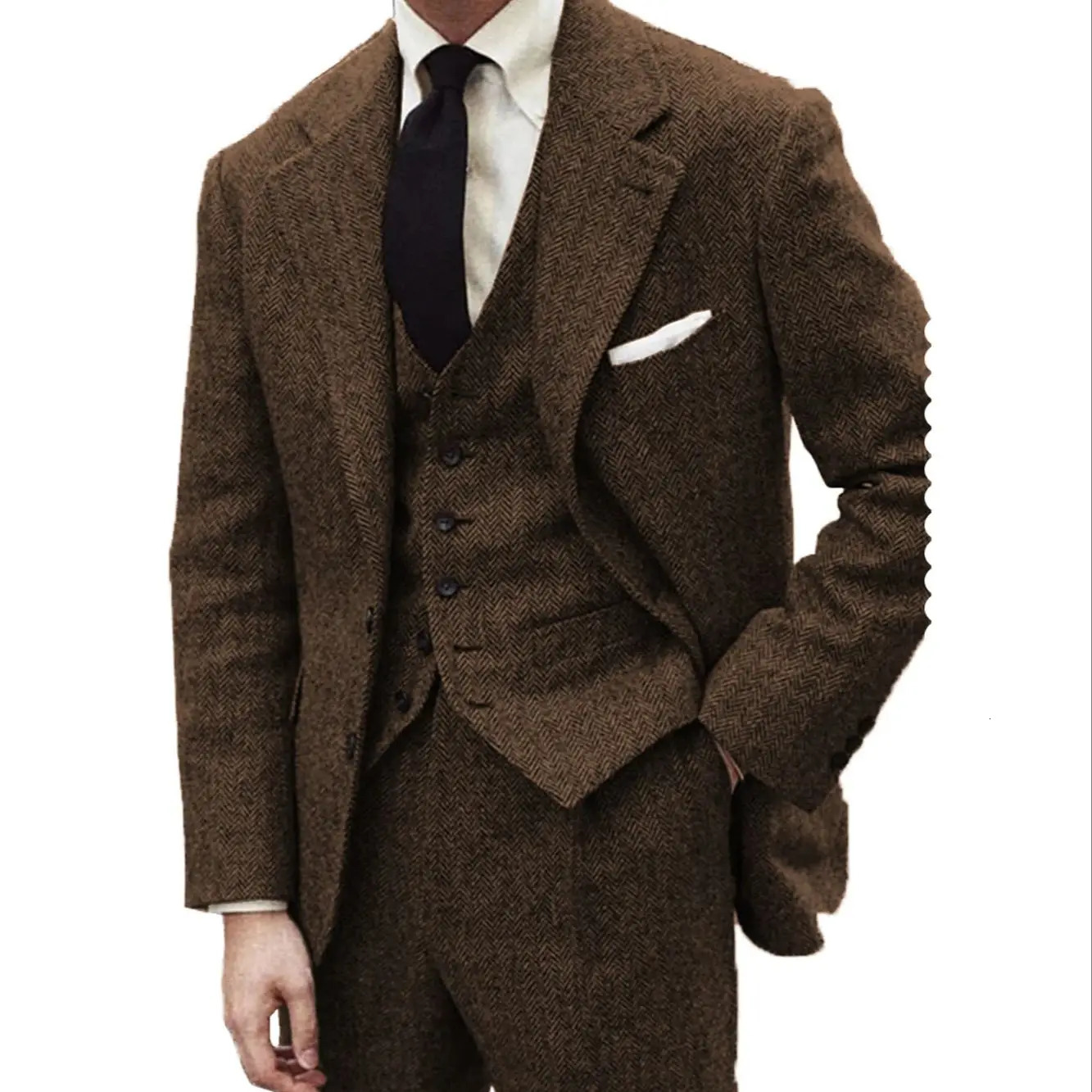 Men's Suits Blazers 3 Pieces Men's Suits Black Wool Herringbon Slim Fit Casual Formal Business Groomsmen Tweed Tuxedos for Wedding BlazerPan