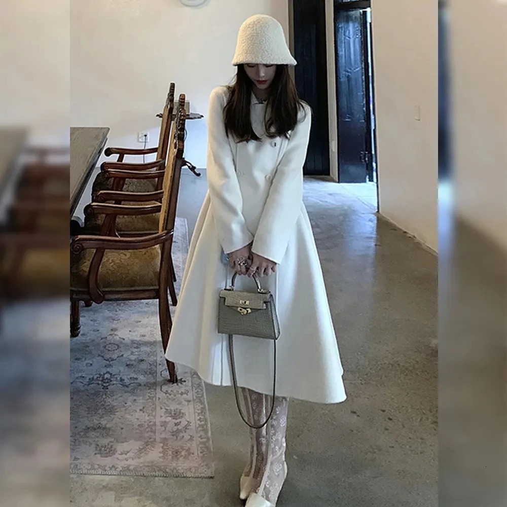 Women's Wool Blends Winter Women Elegant White Slim Woolen Coats Female Double Breasted A-line Korean Thick Warm Long Coats Office Lady Coats 231