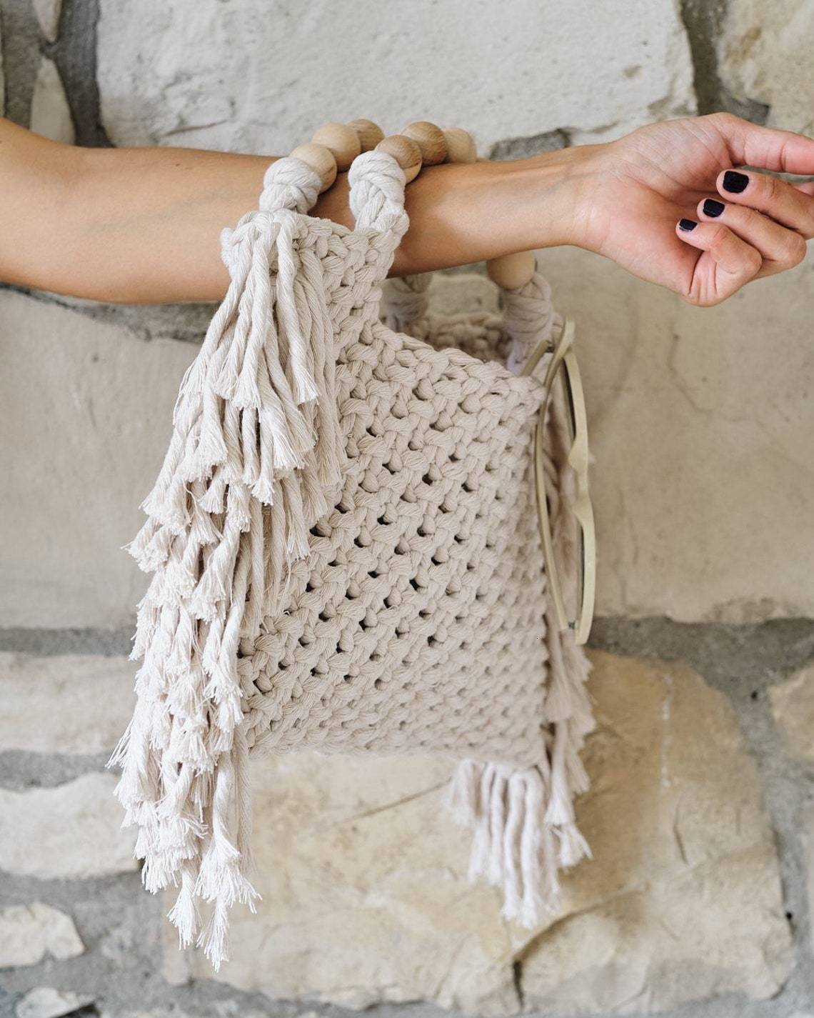 Evening Bags Crochet boho chic Summer fringe beach bag Macrame Tote hand Beige blue market Vintage Style 230412