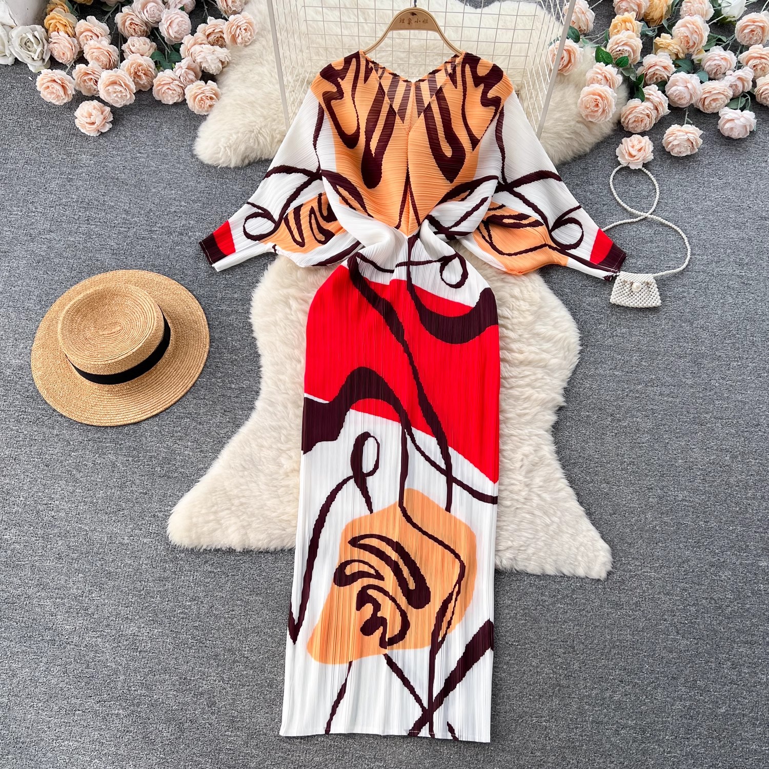 Women Casual Dresses Elegant New Autumn Miyake Pleated Long Dress Runway Women V Neck Batwing Sleeve Red Flower Printed Stretch Bodycon Slim Clothes 2