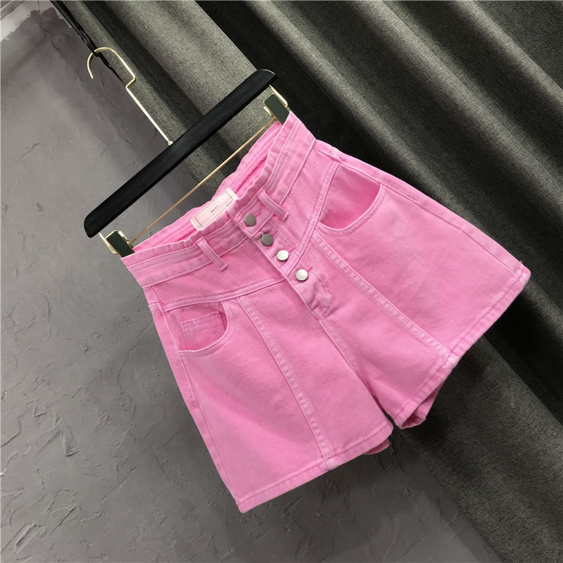 Women's Shorts Summer Women's Pink denim Shorts Fashion Women's Button High Waist Full Match A-line Shorts Casual Pocket Bottom 230412
