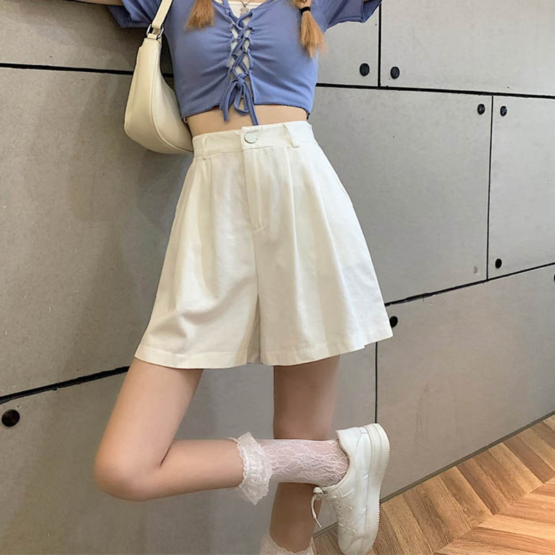 Women's Shorts Y2K Women's High Waist White Shorts Korean Fashion Pleated Wide Leg Pants Summer Casual Full Matching Women's Prep Style