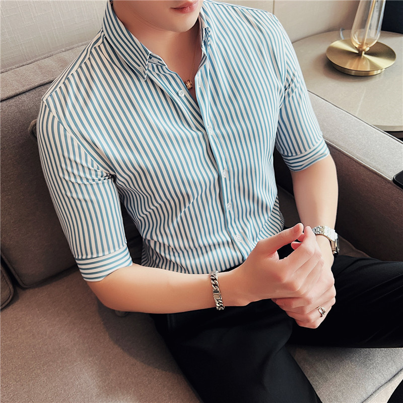 Men's Casual Shirts Summer Half Sleeve Men's Striped Shirt Business Casual Formal Clothing 3XL Slim Fit Office Shirt Men's Black/Blue 2