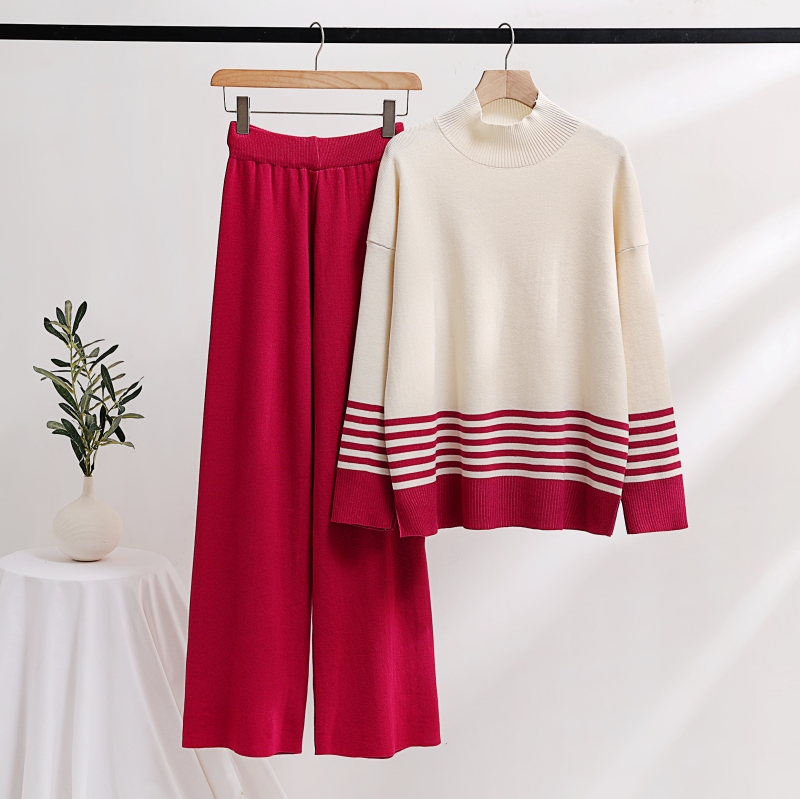 Women's Two Piece Pants New Autumn Winter Knitted Wide Leg Sweater Pants Set Casual Stand Collar Contrast Color Striped Thick Loose Two Piece Set