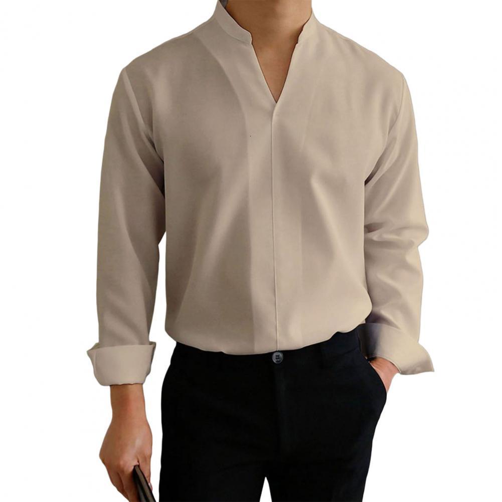 Men's Casual Shirts Men's solid color thin all matching long sleeved V-neck summer top daily clothing 230412