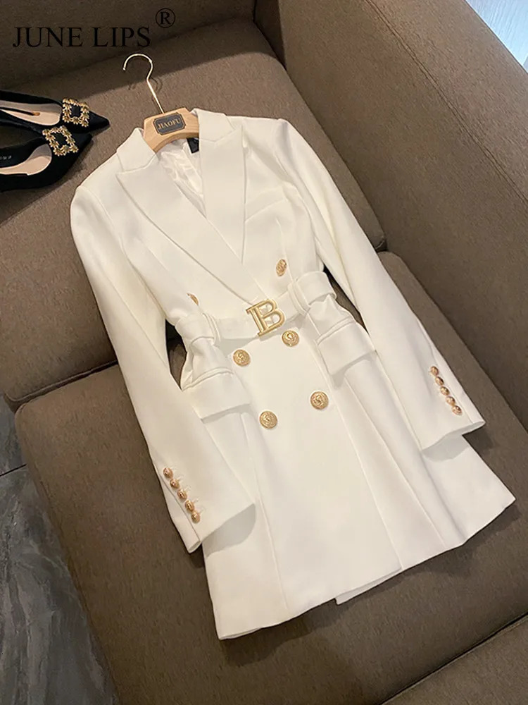 Basic Casual Dresses JUNE LIPS Spring High Quality Women Red Blazer Dress with Belt Double Breasted Buttons Chic For Party dress wholesale 231110