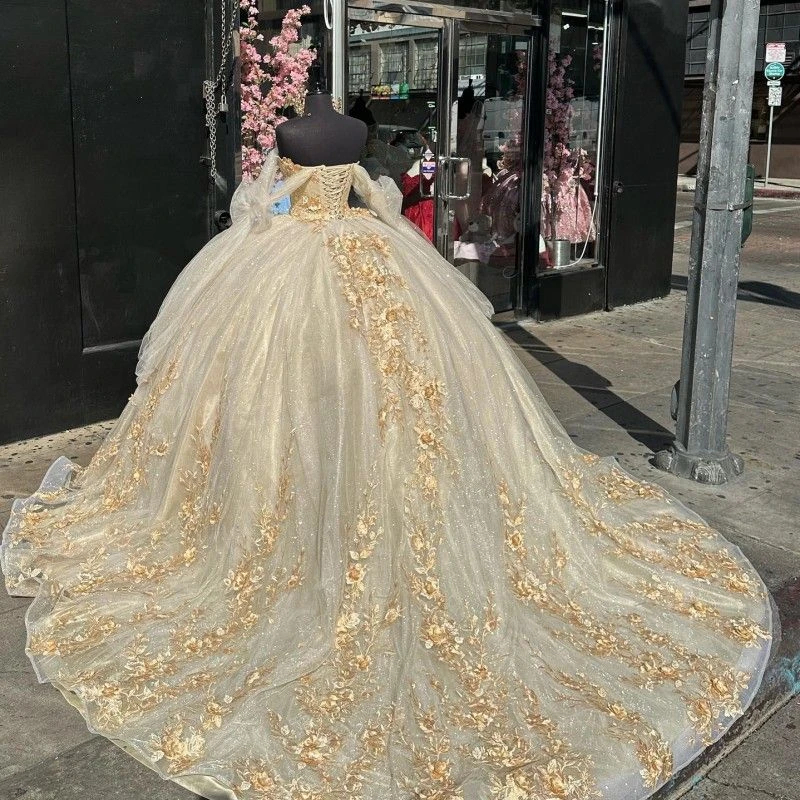 Luxury Champagne Quinceanera Dresses With Gold 3D Floral Flowers Appliques Lace Princess Ball Gown Sweet 16 Dress Off The Shoulder Back Lace-Up Prom B