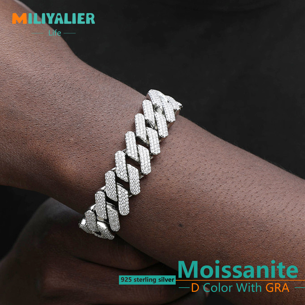 Chain MILIYALIER 12MM 925 Sterling Silver Setting D Color Diamond Miami Bracelets for Mens Singer Style Rap Jewelry 230411