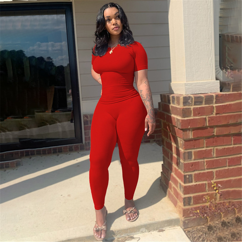 2023 Designer Summer Ribbed Tracksuits Women Two Piece Sets Short Sleeve T-shirt and Pants Matching Sets Solid Outfits Casual Jogger Suits Wholesale C