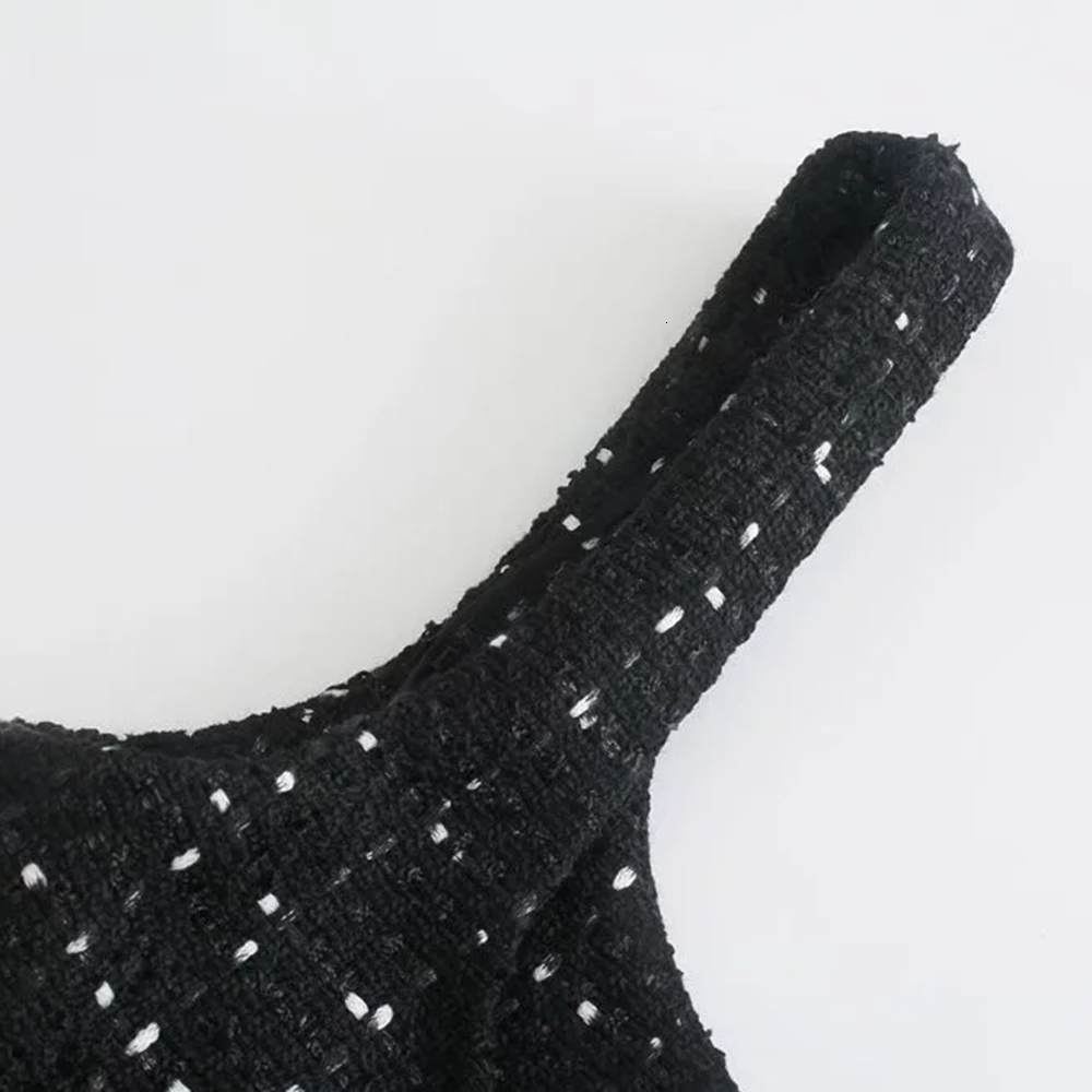 Two Piece Dress XEASY Women Vintage Tweed Black Plaid Hollow Out Female Casual Pearl Decoration Slim Square Collar Mini es 230412